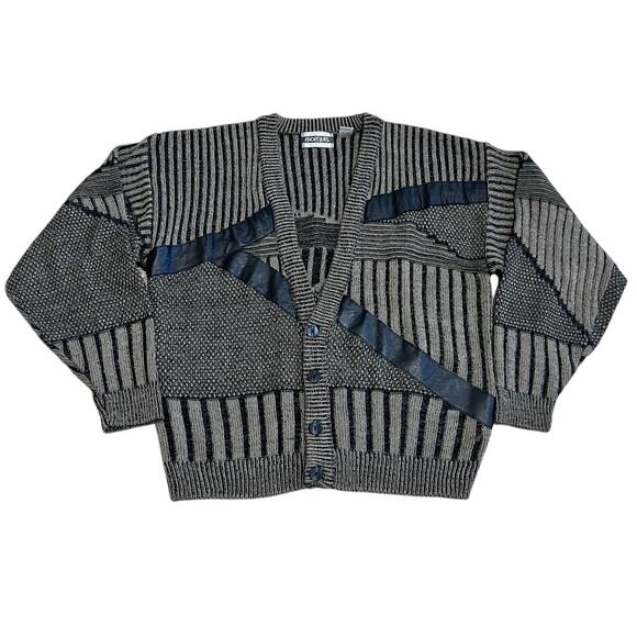 Vintage 90s Marquis Cardigan Sweater Patchwork Leather Grunge Rock XL Korea - Picture 1 of 5